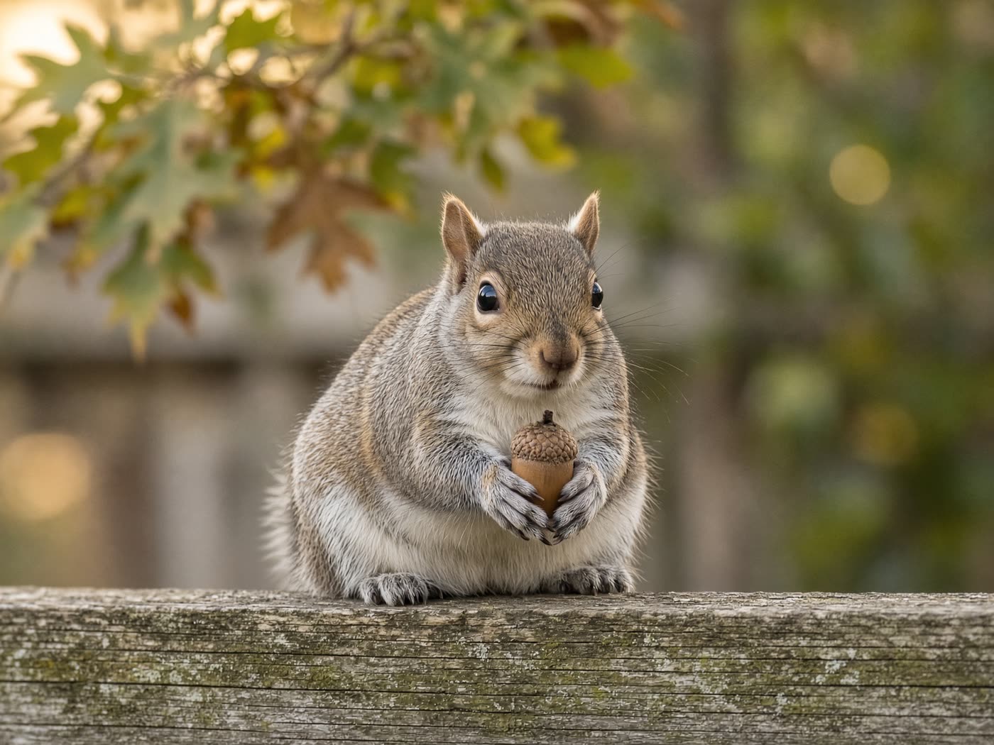 A backyard squirrel holding an acorn on a weathered fence
